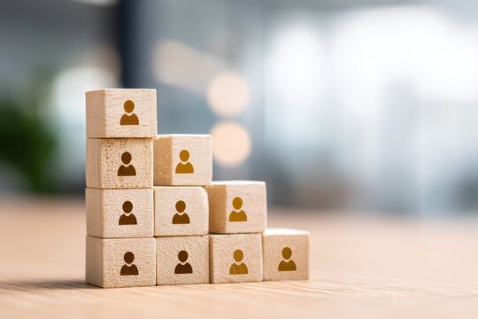 Stacked wooden blocks with people icons, representing workforce structure, team growth, and organizational hierarchy in a business environment.