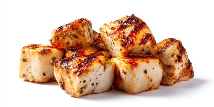 Vibrant photo of Grilled chicken breast pieces seasoned with herbs and spices, isolated on white background