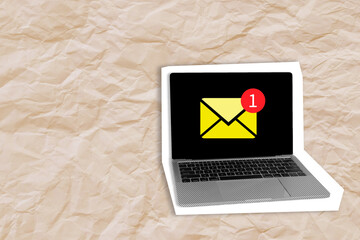 Laptop computer with yellow envelope and red notification badge on screen. Mixed media art on crumpled paper background representing email marketing, newsletter, and online communication.