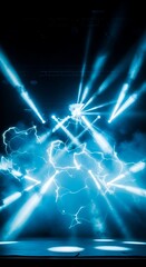 Intense bright blue illumination beams converge above a smoky stage environment featuring electric discharge effects.