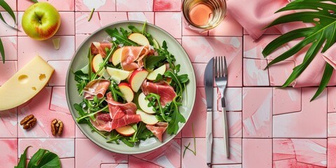 Arugula Prosciutto Salad with Apple Cheese Walnuts Rustic Plate Pink Tile Background