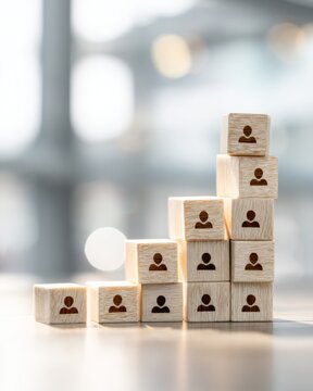 Stacked wooden blocks with people icons, representing workforce structure, team growth, and organizational hierarchy in a business environment.