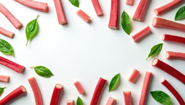 Fresh red rhubarb stalks, green basil leaves scattered on white surface. Vibrant arrangement suggests healthy eating, culinary preparation. Simplicity offers versatile use for food-related content.