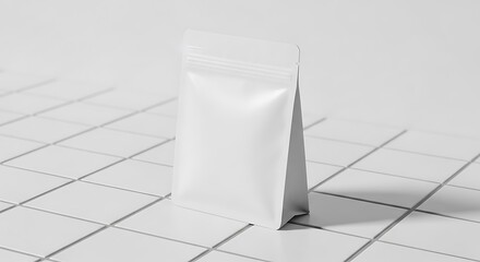 Blank stand up pouch packaging mockup rests on a tiled white surface with soft shadows