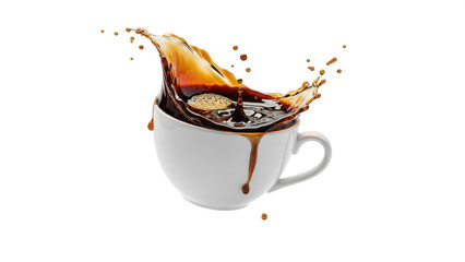 Cup of coffee with a splash of brown liquid on the side. isolated illustration on transparent background