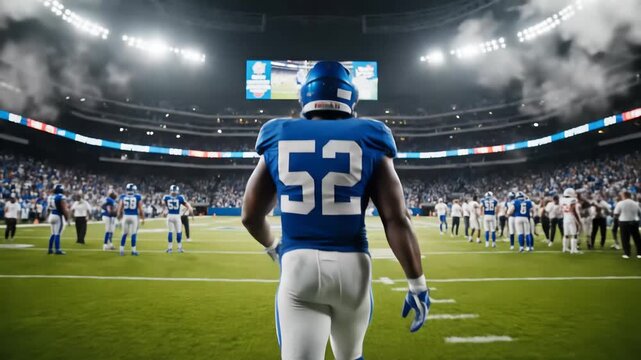Athlete Wearing Number 52 uniform emerges from smoke onto a brightly lit football field with cheering crowd in the stands