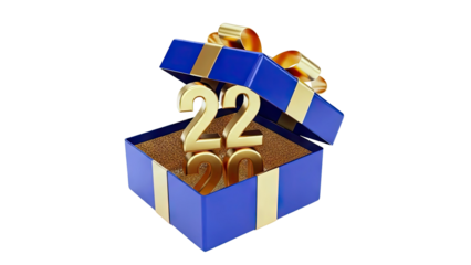 Golden '22' numbers inside a blue gift box with gold ribbon