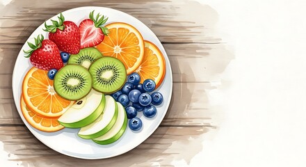 Plate featuring colorful sliced fresh fruit arranged on a wooden surface with ample copy space