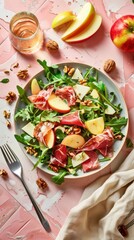 Arugula Prosciutto Salad with Apple Cheese Walnuts Rustic Plate Pink Tile Background