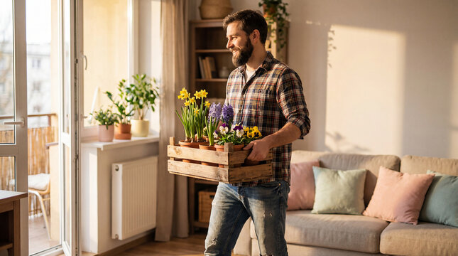 Man carrying daffodils, hyacinths and pansies in a wooden box, decorating apartment for spring season
