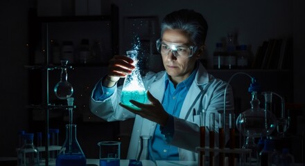Scientist man holding glowing flask with liquid. Genetic engineering, futuristic medicine or alchemy concept for research innovation.