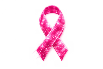 Pink awareness ribbon with glowing particles signifying breast cancer support, health, hope, and solidarity on transparent background