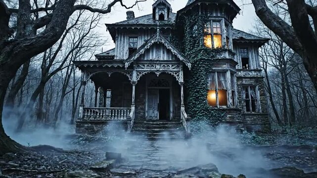 A dilapidated, Gothic mansion enveloped by fog, eerie trees, and glowing windows, creating a spooky scene