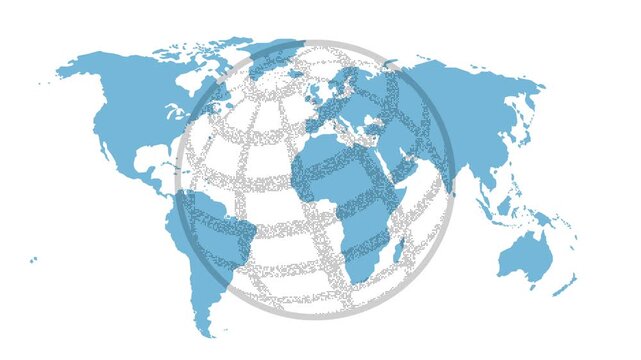 Animated design of a celestial real world map with a digital world map echoed with pixels that rotate on a white background