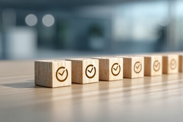 Wooden blocks arranged in a row with clock icons, representing time management, deadlines, scheduling, and business planning.