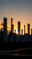 Industrial facility silhouette dominates the vibrant orange glow of a setting sun