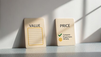 Wooden Signs Displaying Value and Price with Checkmark Symbol and Text in Bright Sunlight on a Table Surface