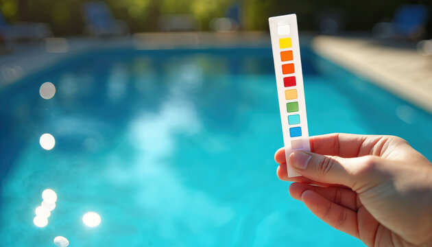 Hand holds water test strip near swimming pool. Strip shows color results for water chemistry. Checking pool for proper balance. Safe swim conditions.