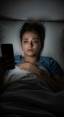 Young woman looks at glowing screen of mobile device while lying in bed during darkness
