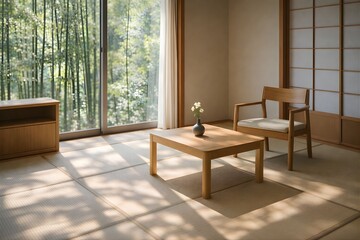 竹林を望む和モダンな畳の和室インテリア｜北欧家具と自然光が調和する静かな空間