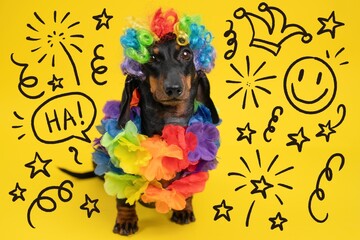 A dachshund wears a rainbow clown wig and flower garland while standing against a yellow background with festive hand-drawn party doodles and celebration elements