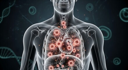 Microscopic infectious agents are shown invading the internal organs of a translucent human torso representation