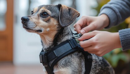 Hands Fitting a Dog with a Simple Harness. Pets + Human Bonding. A high-resolution close-up photograph of two hands gently fitting an simple walking harness onto a small dog's body before a walk.
