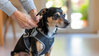 Hands Fitting a Dog with a Simple Harness. Pets + Human Bonding. A high-resolution close-up photograph of two hands gently fitting an simple walking harness onto a small dog's body before a walk.
