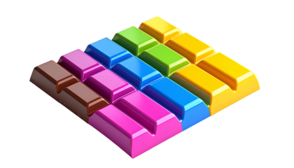 Isometric rendering of a tile arrangement, with blocks of various colors