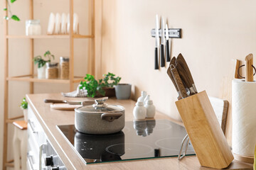 Wooden stand with knives on counter in kitchen