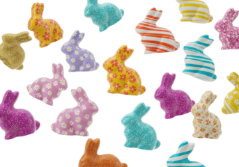 Fifteen dynamically scattered, sculpted, high-gloss chocolate rabbits with pastel floral patterns and edible glitter, floating on a high-key transparent background, concept for gourmet easter