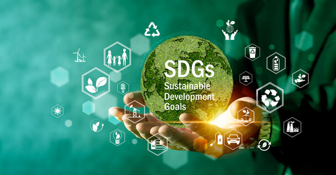 SDGs Sustainable Development Goals Concept with Green Earth in Hands and Eco Icons