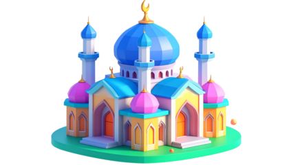 Cartoon depiction of a colorful mosque with minarets and a blue dome