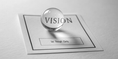 Clear Glass Sphere on White Background with Vision Text and Clarity Message for Conceptual Artwork
