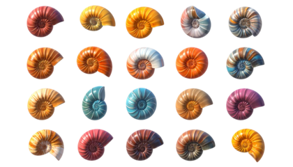 Colorful, detailed cross-sections of various spiral shelled fossils