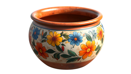 Round, painted ceramic pot with floral design on a black background