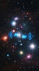 Brilliant distant celestial formations illuminate a star-filled expanse of deep space