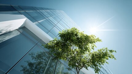 The image features a modern glass building with reflective surfaces that mirror the surrounding environment