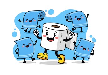 Cheerful cartoon toilet paper roll celebrates with happy blue towels in a playful scene