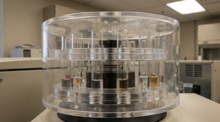 A laboratory centrifuge showcases vials in a scientific setup, used in a scientific environment.
