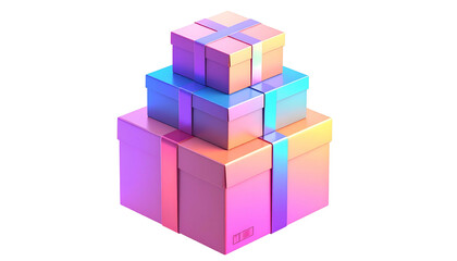Stacked, iridescent gift boxes with ribbons, isolated on black