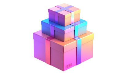 Stacked, iridescent gift boxes with ribbons, isolated on black