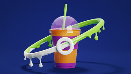 Bright drink cup with surreal flowing liquid