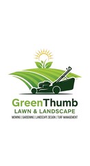 Professional landscaping service emblem featuring a sunlit rolling green field and a lawnmower silhouette