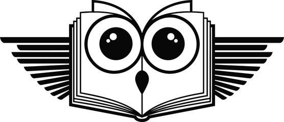 Minimalist black and white line art logo featuring an owl face formed by an open book with wings © Bappi