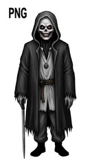Malevolent skeletal figure in dark hooded attire holding a thin blade stands against a white background