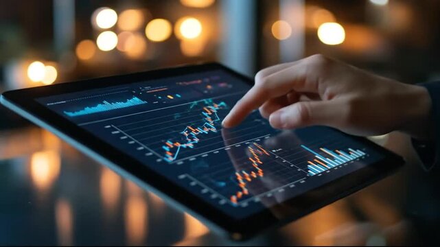 Person Analyzing Financial Data on Tablet Screen with Charts and Graphs
