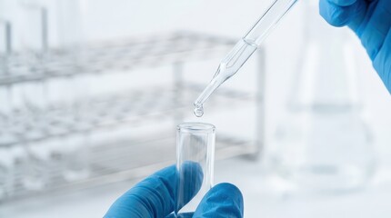 A detailed look at a scientist working in a sterile laboratory environment, using a pipette to meticulously transfer a liquid sample into a test tube.