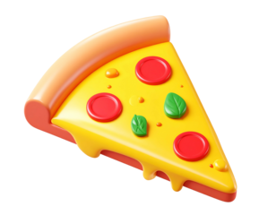 A vibrant, glossy cartoon pizza slice with pepperoni and basil