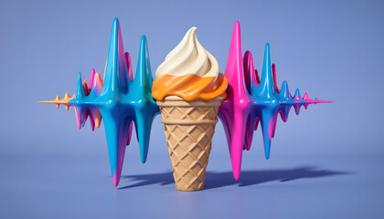 Surreal Ice Cream Cone with Vibrant Abstract Forms